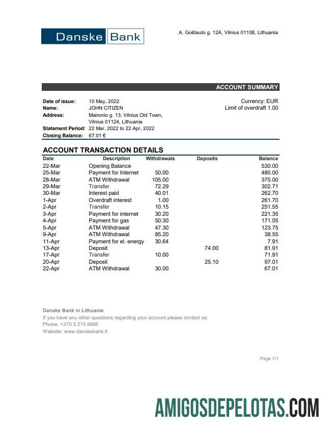 Lithuania Danske extrato bancário amostra